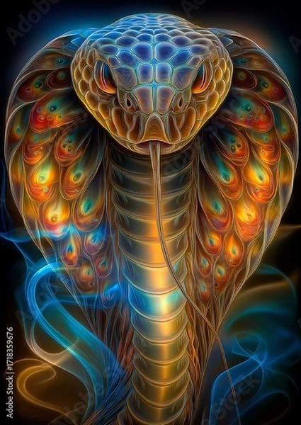 Fototapeta Smart phone sized artistic impression of a reptile snake in neon color surrounded in a smokey haze, graphic highlighters lines rainbow ultra-bright neon artistic portrait, black background