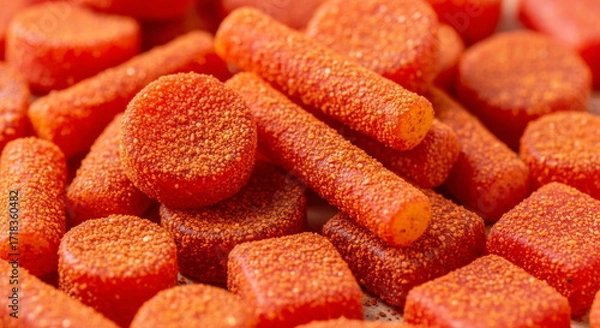 Fototapeta Assorted red chili coated tamarind candies in different shapes closeup