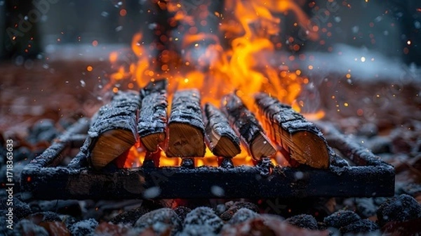 Fototapeta A close-up shot of a bonfire in the winter, with the wood covered in snow and embers flying through the air.