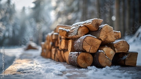 Fototapeta A pile of firewood is covered in a light dusting of snow, the background blurs into a snowy forest.