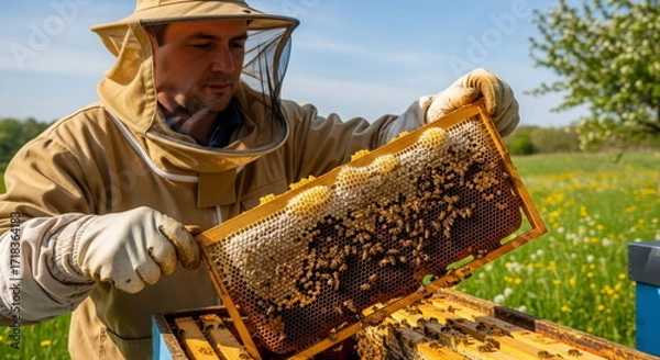 Fototapeta Beekeeper Holding a Honeycomb Frame Full of Bees and Honey