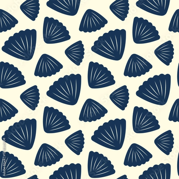 Fototapeta Small blue seashells isolated on a white background. Monochrome seamless pattern. Simple flat vector graphic illustration. Texture.