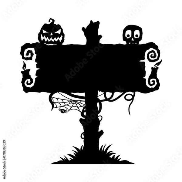 Fototapeta Halloween signpost. Black silhouette. Front view. Vector simple flat graphic hand drawn illustration. Isolated object on white background.