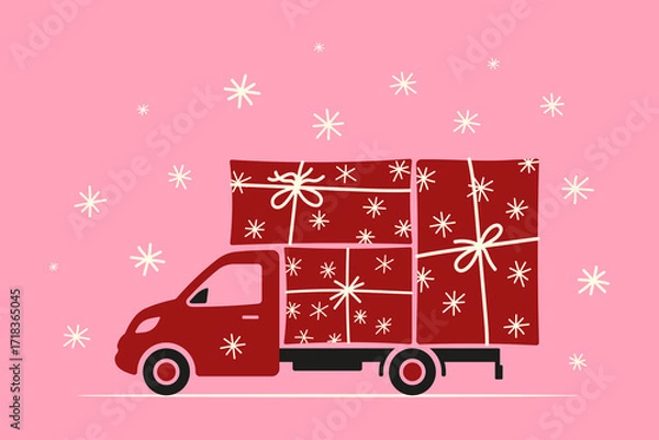 Fototapeta A van with gift boxes. Colored silhouette. Side view. Vector simple flat graphic illustration, hand drawn. Isolated object on a pink background.