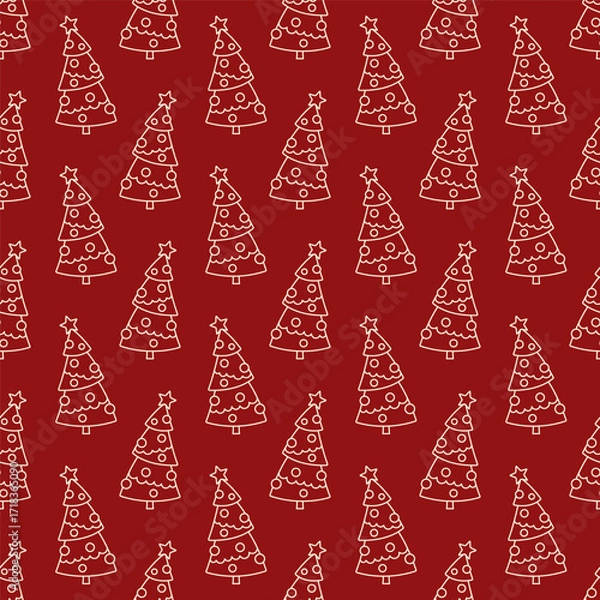 Fototapeta Small white decorated Christmas trees isolated on a red background. Cute seamless pattern. Simple flat vector graphic illustration. Texture.