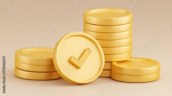 Fototapeta The idea of financial protection is illustrated by a yellow shield icon situated in front of stacked gold coins, embodying security and safety in financial transactions