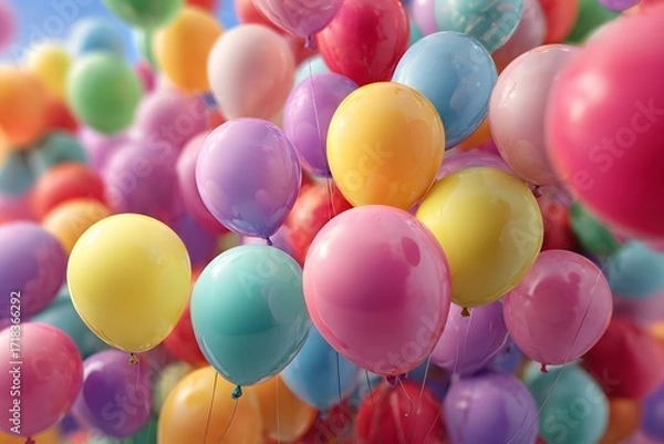 Fototapeta A vibrant and colorful array of helium balloons floating in the air creating a festive atmosphere