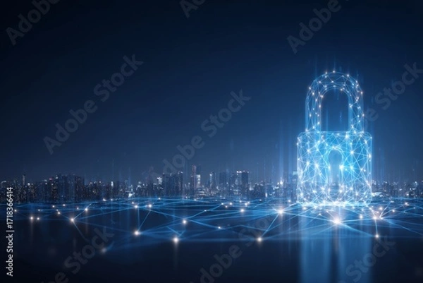 Fototapeta A glowing lock icon connected to city buildings embodies the digital security concept, highlighting the protection and secure flow of data in urban network systems