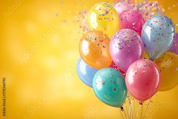 Fototapeta A bunch of colorful balloons with confetti against a bright yellow background for a celebration event
