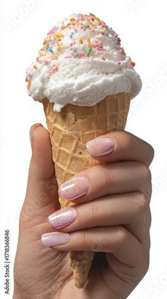 Fototapeta The image of a colorful ice cream cone with pink frosting and sprinkles, grasped by a hand with multicolored nails, conjures a sense of joyful summer indulgence
