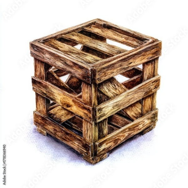 Fototapeta The natural texture and rustic charm of a wooden crate are beautifully captured in a watercolor painting that highlights its detailed grain and knots in soft brown tones, creating a warm and organic