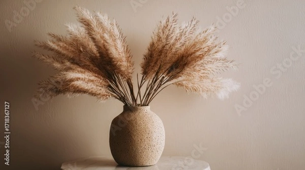 Fototapeta On a marble surface, a white ceramic vase contains dried pampas grass