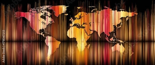 Fototapeta Global supply chain disruption is illustrated through an illuminated world map with fast moving light streaks that represent the flow of logistics and transportation