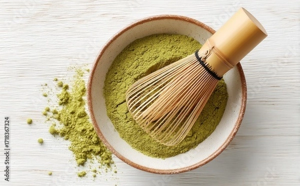 Fototapeta The wooden table holds a white bowl of matcha green tea powder, along with a bamboo whisk and a green towel, creating a morning mindfulness routine