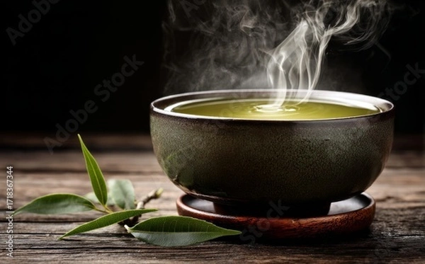 Fototapeta A serene morning mindfulness routine can be achieved by sipping steaming green tea from a ceramic bowl filled with fresh leaves, perfect for relaxation and calm matcha enjoyment