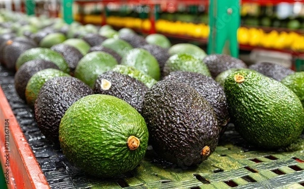 Fototapeta Processed agricultural products, including avocado fruits, are prepared for export on a conveyor belt in a modern facility, notable for their vibrant green color and smooth texture