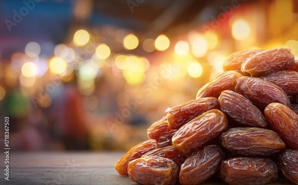 Fototapeta Piled high and ready for agricultural export, the dried date fruit boasts a processed texture, its natural brown color shining in a warm outdoor setting where it is illuminated by soft background