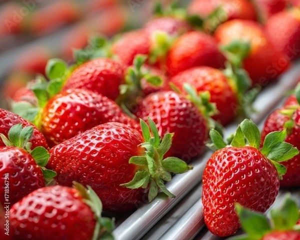 Fototapeta Vibrant red strawberries with green leaves, exemplifying natural freshness and quality, are being processed on a conveyor belt at an agricultural facility in preparation for export