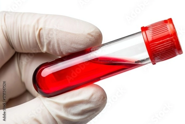 Fototapeta Gloved hands grasp a medical test tube filled with a blood sample, ready for analysis and diagnosis within a healthcare environment