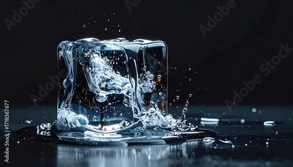 Obraz Ice cube melting, water splashes