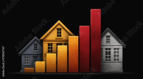 Obraz Real estate growth chart with stylized houses showing rising property value
