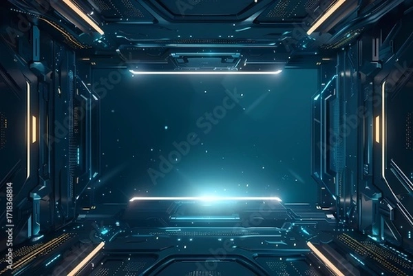 Fototapeta A digital art composition featuring a futuristic, high-tech design with a focus on glowing lights against a dark blue background.
