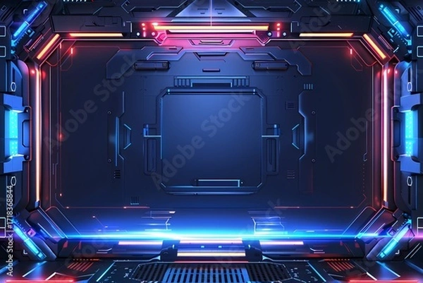 Fototapeta An abstract futuristic corridor with blue and red neon lights.