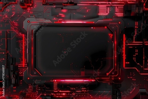 Fototapeta A black and red futuristic circuit board design with red neon light.