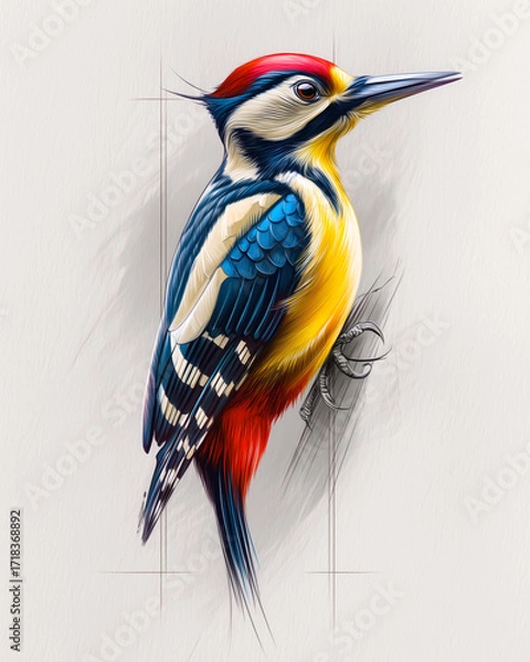 Fototapeta Colorful woodpecker bird perched in sketch-style artistic illustration

