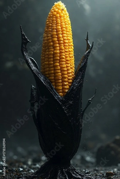 Obraz Unique Blackened Corn Against Dark Background with Mist and Light