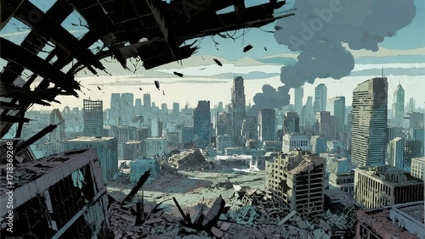 Obraz Urban Ruins Landscape with Destruction and Smoke in a Dystopian Setting