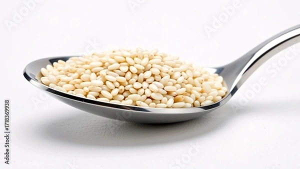 Obraz Fresh White Sesame Seeds in Metallic Spoon on White Background