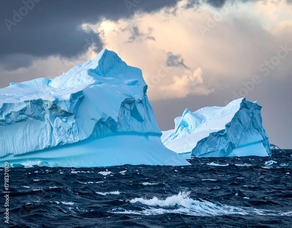 Obraz Icebergs in a stormy sea at sunset