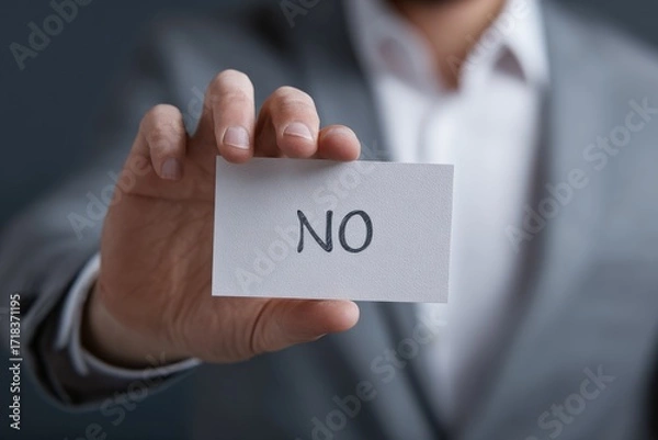 Fototapeta A Person Holding a Card with a Bold 'No' Written on It, Expressing Rejection and Defiance in a Professional Setting