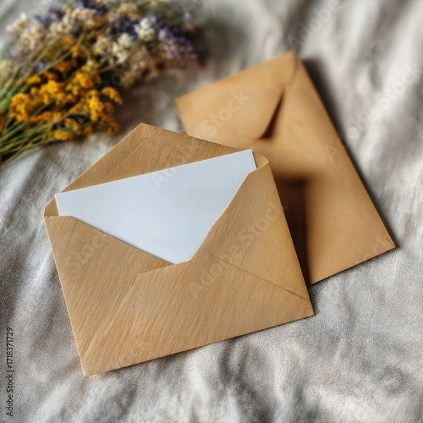 Fototapeta Two envelopes, one open with a blank letter, next to a bouquet of dried flowers, on a wrinkled textured fabric. Capturing a sense of intimacy, thoughtfulness, and gentle anticipation.