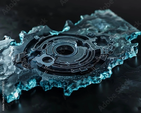 Fototapeta A close-up view of a metal gear inside a piece of frozen glass, set against a dark background.
