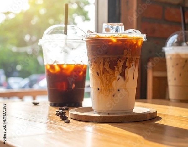 Obraz Iced coffee drinks on a wooden table