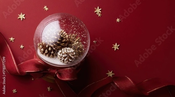 Obraz Elegant Christmas Snow Globe Featuring Pine Cones on a Festive Red Background with Sparkling Stars and a Lush Ribbon for Seasonal Decor