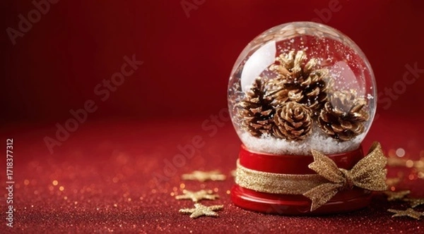 Obraz A Sparkling Christmas Snow Globe Displaying Pinecones and Glittering Stars on a Festive Red Background