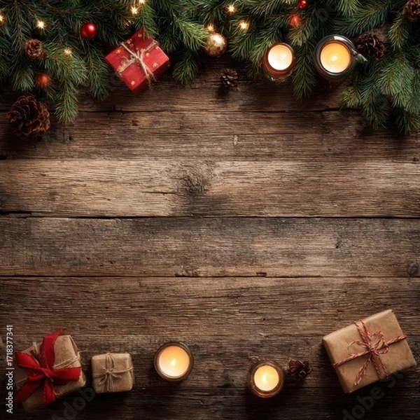 Obraz Rustic Christmas Decor with Green Pine, Candles, Wrapped Gifts, and Pinecones Against a Weathered Wooden Background