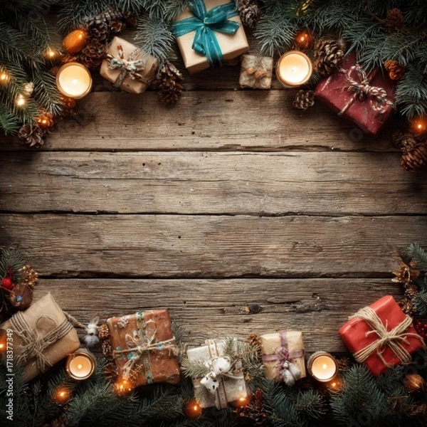 Obraz A Festive Arrangement of Christmas Gifts Surrounded by Pine Boughs, Candles, and Ornaments on a Rustic Wooden Table, Perfect for Holiday Celebrations