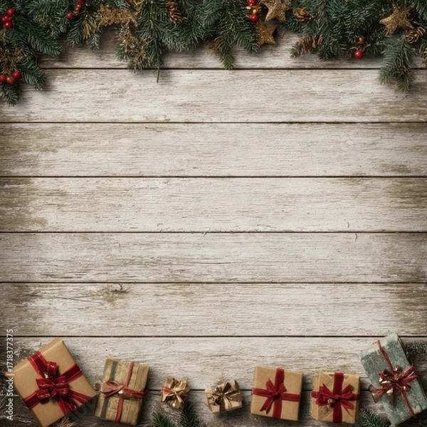 Obraz Rustic Wooden Background with Festive Decorations Featuring Pine, Berries, and Colorful Gift Boxes Perfect for Winter Celebrations