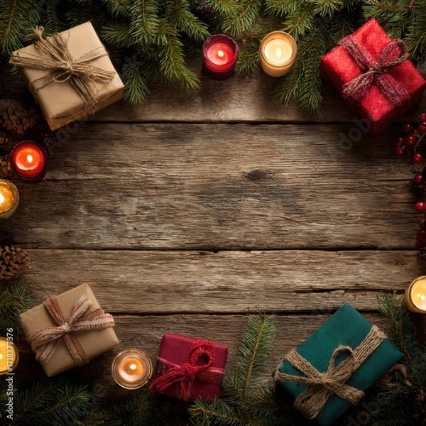 Obraz A Cozy Holiday Arrangement Featuring Wrapped Gifts, Candles, and Greenery Set Against a Rustic Wooden Background for Festive Celebrations