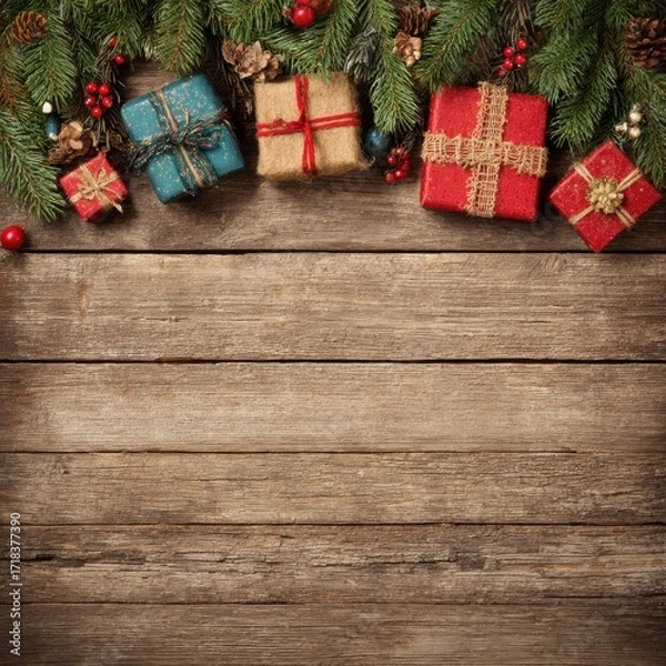 Obraz A Festive Arrangement of Pine Greenery, Colorful Gifts, and Christmas Decorations on a Rustic Wooden Background Capturing the Holiday Spirit