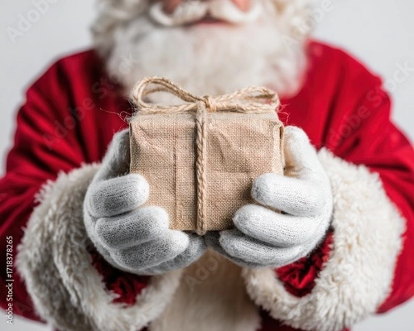 Obraz A Festive Santa Claus Holding a Gift-Wrapped Box, Spreading Joy and Cheer During the Holiday Season with His Iconic Red Outfit and Jolly Expression