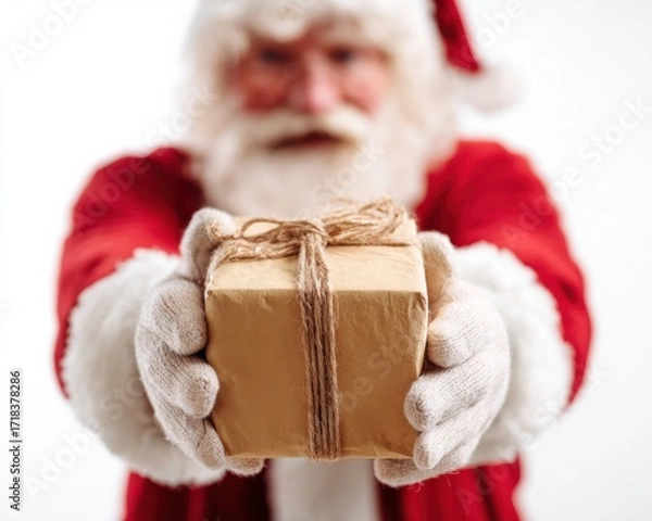 Obraz Festive Santa Claus Cheerfully Offering a Wrapped Present, Spreading Joy and Holiday Spirit with a Warm Smile and Traditional Red Outfit