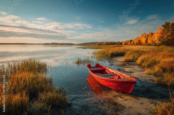 Obraz Serene View of a Red Boat on a Tranquil Lake Surrounded by Autumn Foliage and Golden Grass Capturing Nature's Beauty at Dusk