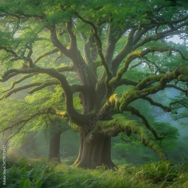 Obraz Majestic ancient oak tree with sprawling branches in a misty forest