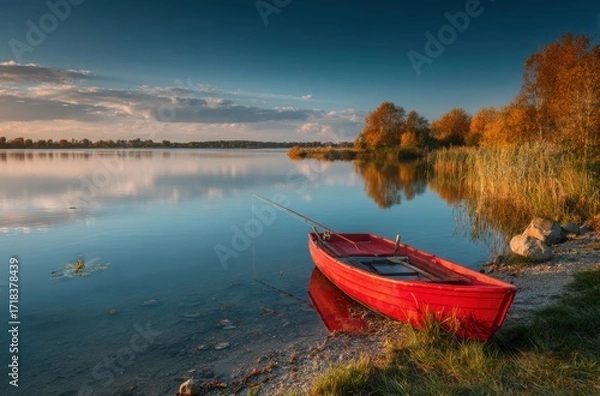 Obraz Tranquil Scene of a Red Fishing Boat on Calm Waters Surrounded by Vibrant Autumn Foliage and Reflections of Sky at Dusk