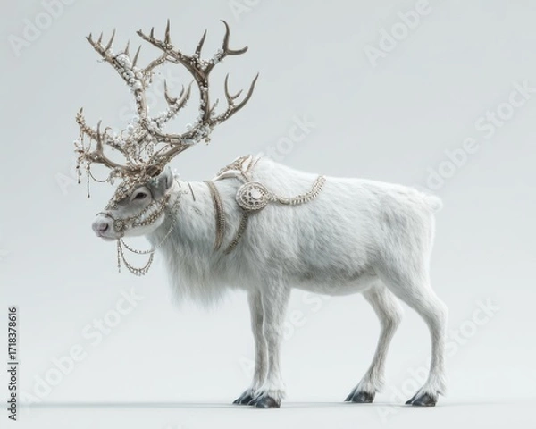 Obraz Elegantly Adorned Reindeer Displaying Intricate Antlers and Festive Accessories in a Studio Setting